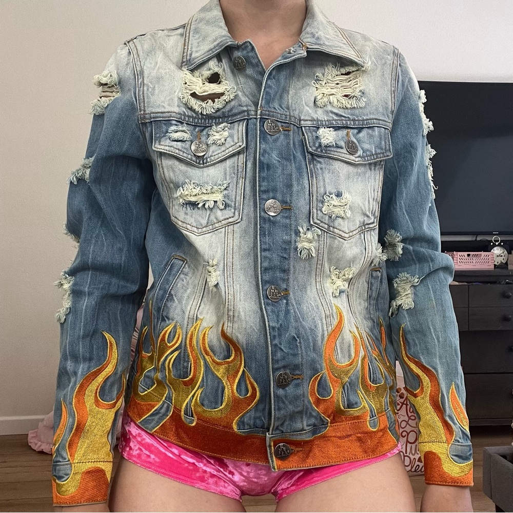 Embellish Distressed Jean Jacket with Flame Embroidery